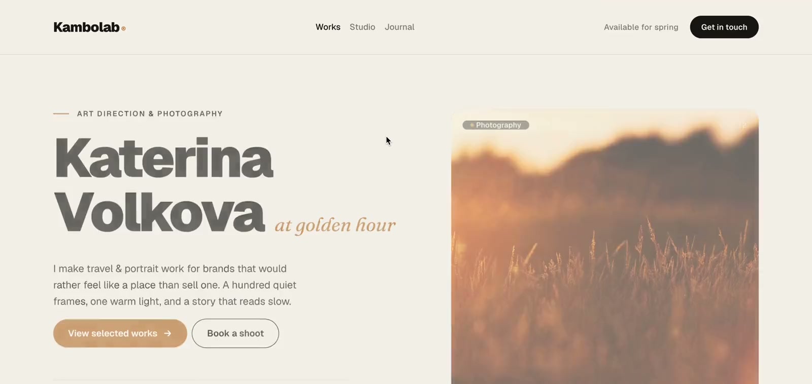 The photographer's site built in the paid course: the name Katerina Volkova set large beside a golden-hour photograph.