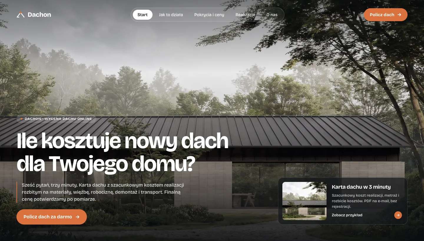 Strona główna dachon.pl: nagłówek „Ile kosztuje nowy dach dla Twojego domu?”