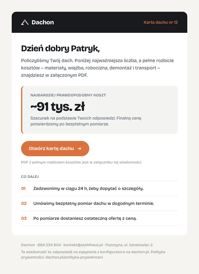 E-mail z kartą dachu: najbardziej prawdopodobny koszt ~91 tys. zł i kolejne kroki