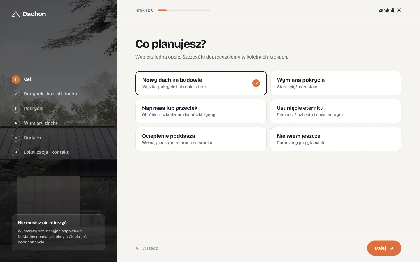 Pierwszy krok konfiguratora: „Co planujesz?” z sześcioma opcjami